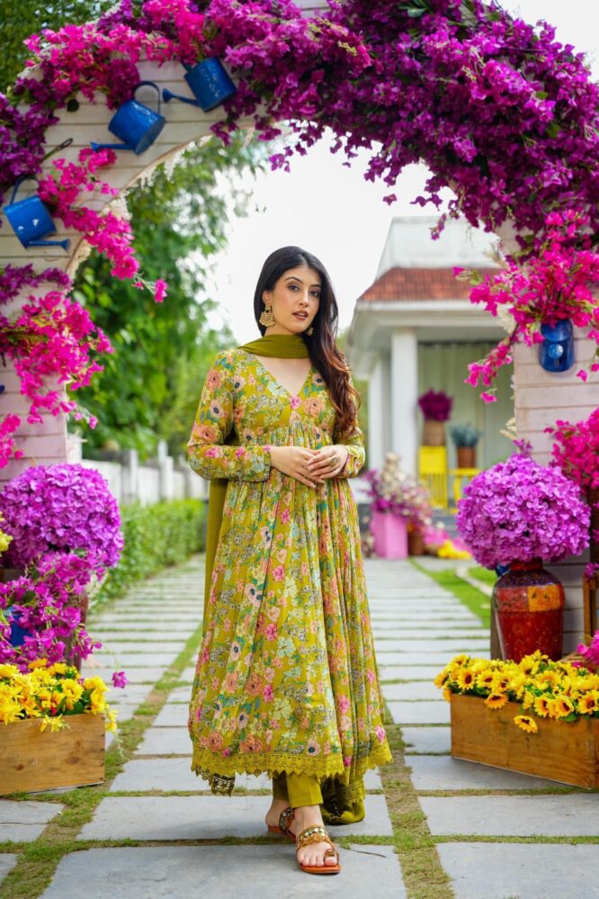 Maabetii Light Green Digital Printed Chinnon Alia Cut Anarkali Suit