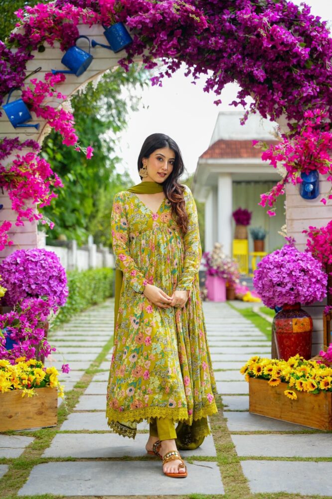 Maabetii Light Green Digital Printed Chinnon Alia Cut Anarkali Suit