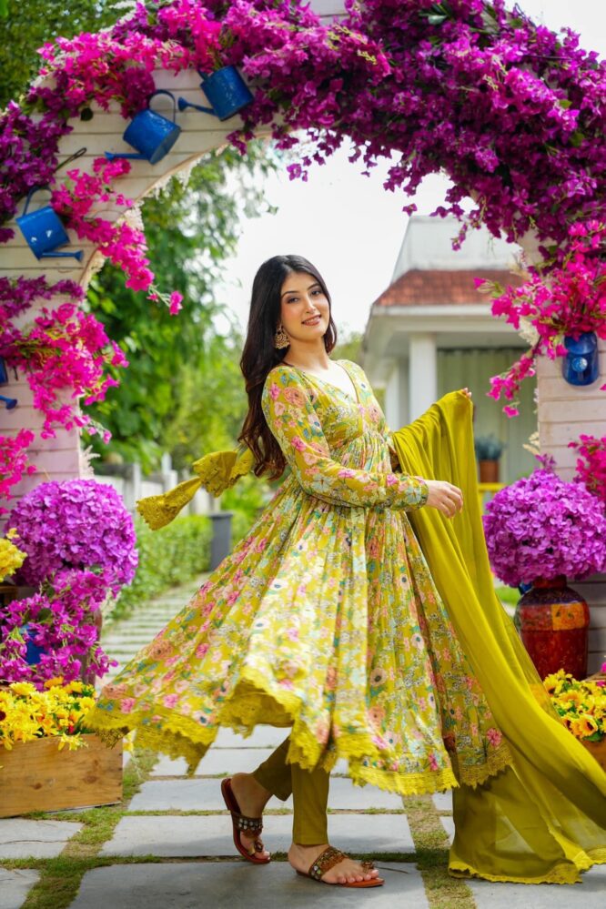 Maabetii Light Green Digital Printed Chinnon Alia Cut Anarkali Suit