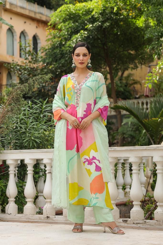 Maabetii Light Green Floral Embroider Chinnon Straight Suit Set