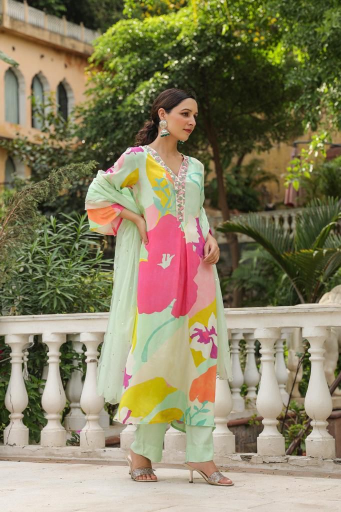 Maabetii Light Green Floral Embroider Chinnon Straight Suit Set