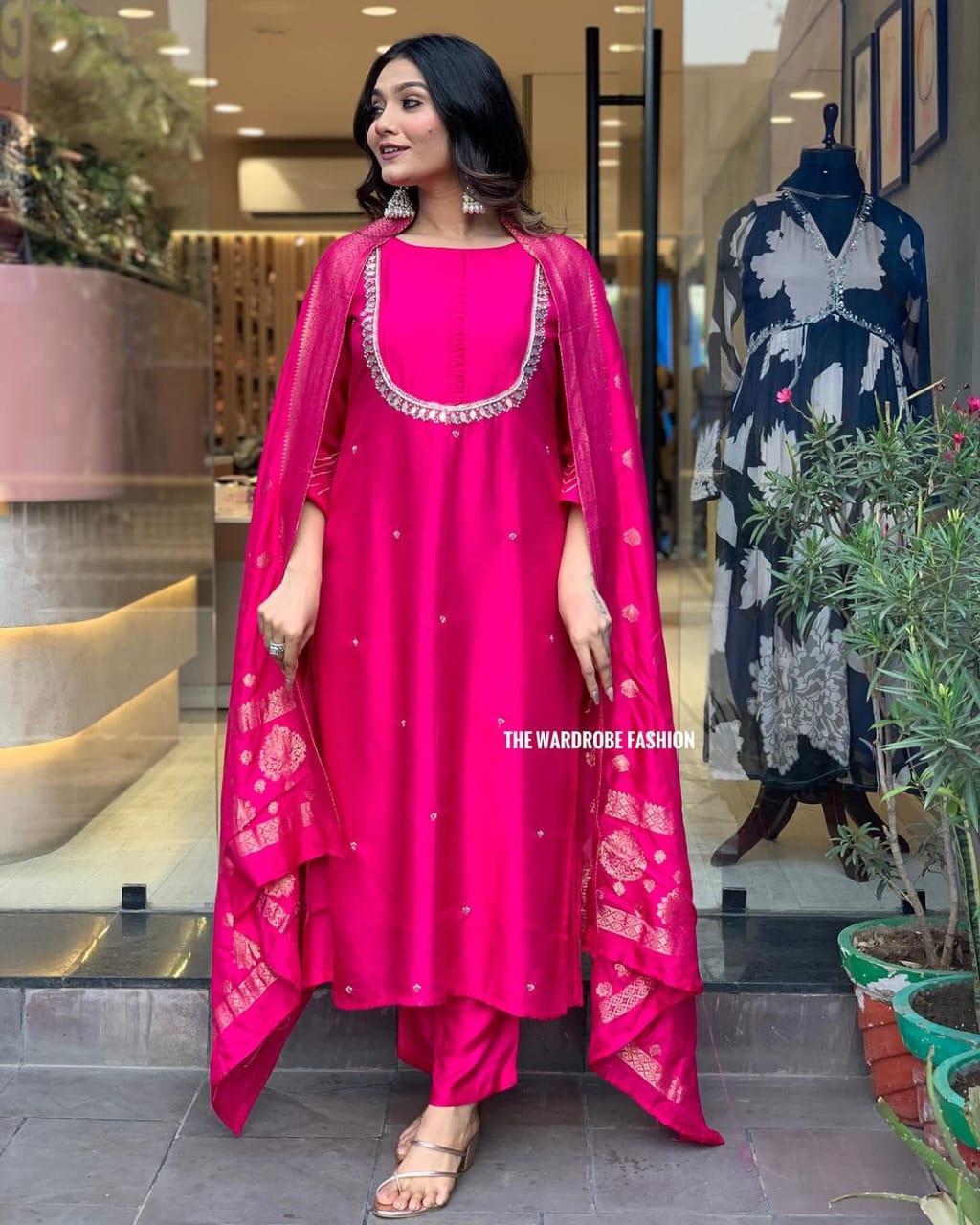 Maabetii Magenta Pink Handwork Rayon Straight Suit Set