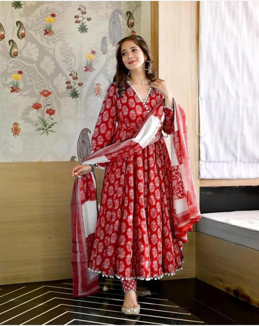 MaaBetii Mulmul Cotton Red Angarkha Anarkali Suit Set