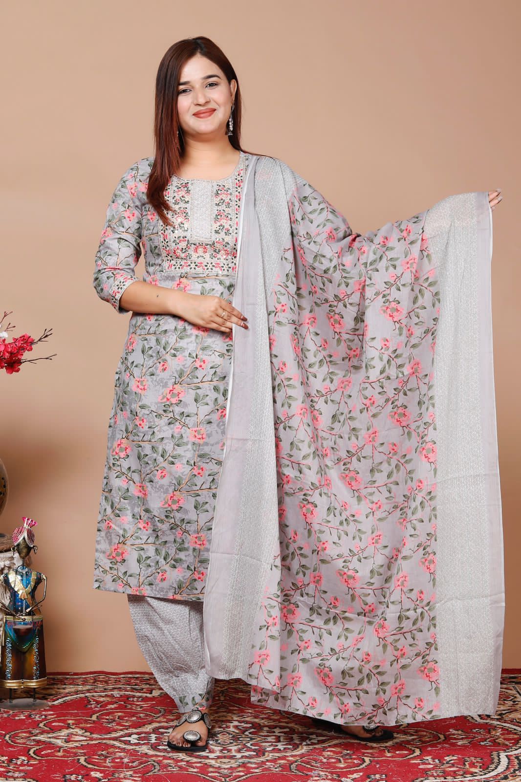 Maabetii Teal Blue Floral Printed Embroider Cotton Afghani Suit Set