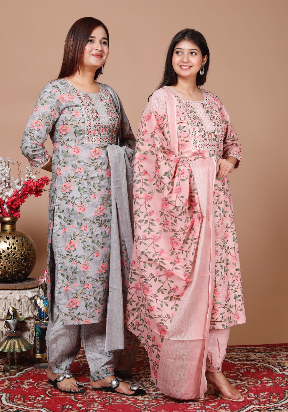 Maabetii Teal Blue Floral Printed Embroider Cotton Afghani Suit Set