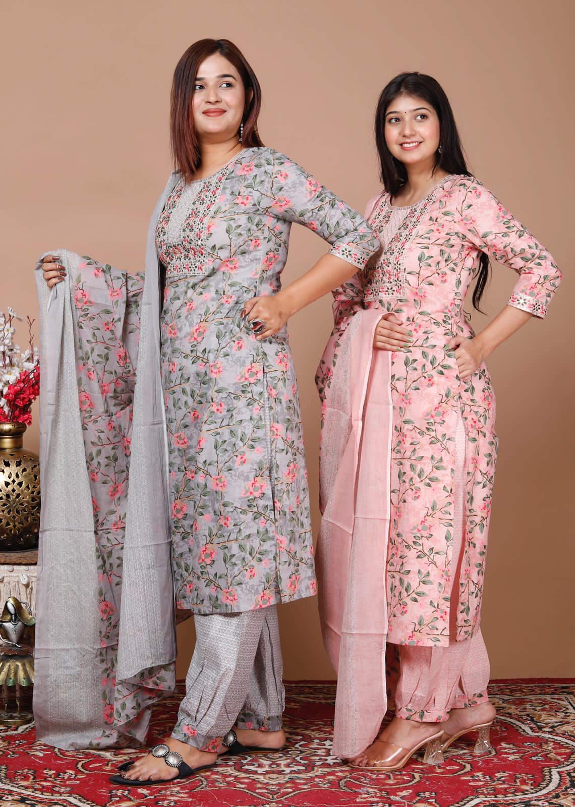 Maabetii Teal Blue Floral Printed Embroider Cotton Afghani Suit Set