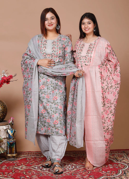 Maabetii Teal Blue Floral Printed Embroider Cotton Afghani Suit Set