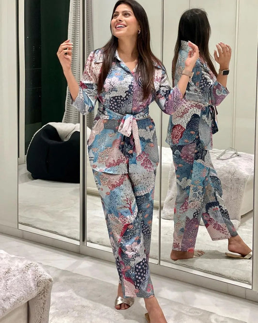 Maabetii Multi Prints Blue Cotton Pant Shirt Coord Set with Belt