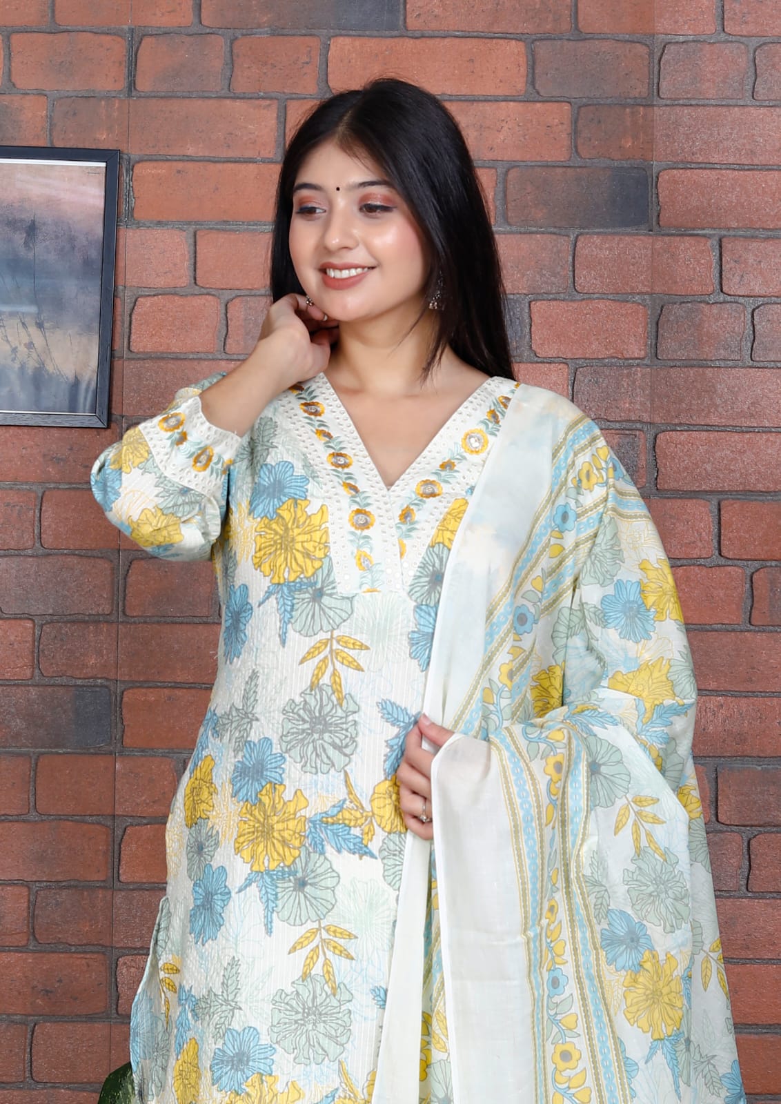 Maabeti Multicolor Floral Printed Cotton Embroider V Neck Straight Suit Set