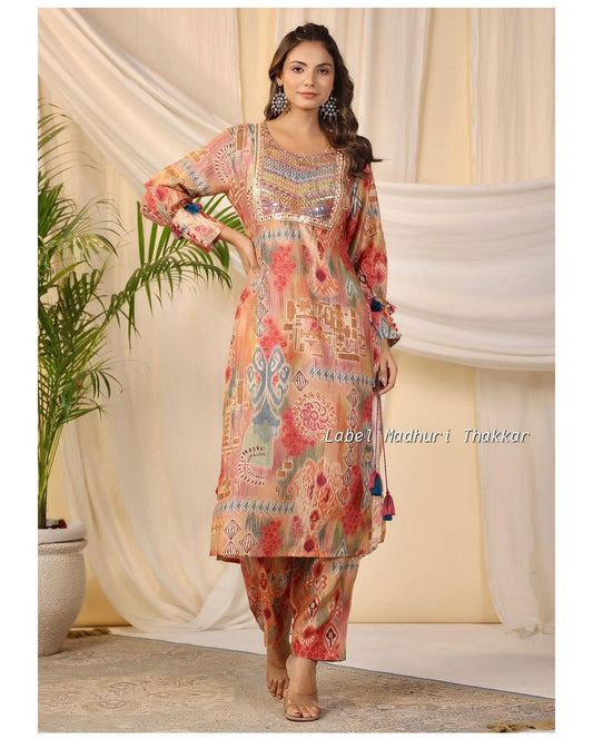 Maabetii Multicolor Embroider Muslin Kurta Pants Coord Set