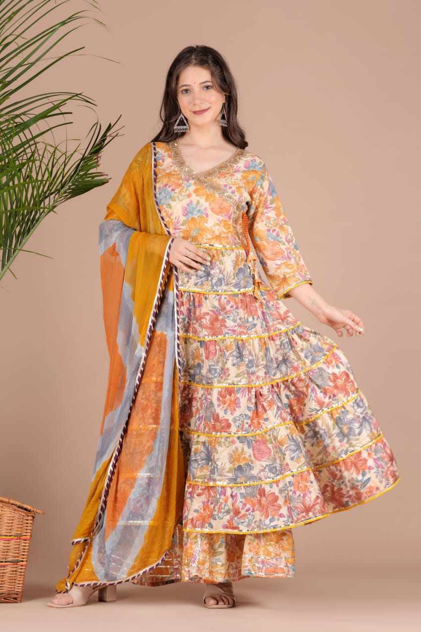 Maabetii Multicolor Floral Full Flair Muslin Angarkha Sharara Suit Set