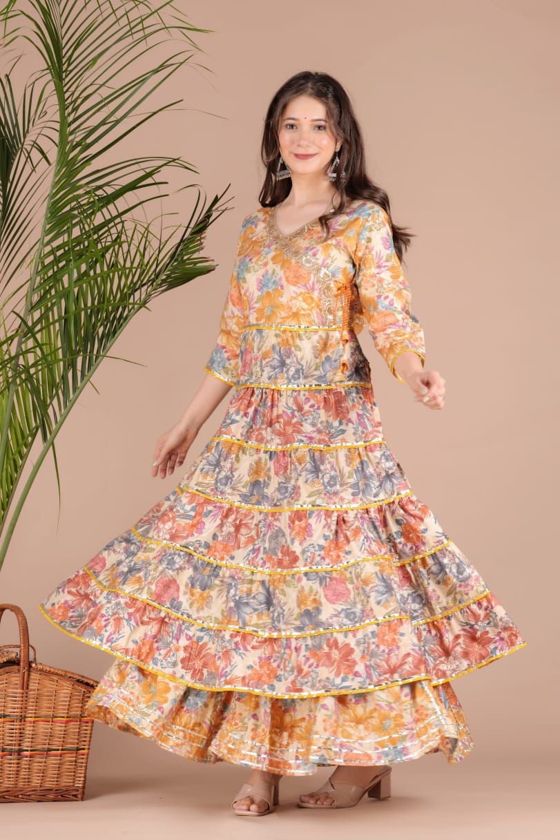 Maabetii Multicolor Floral Full Flair Muslin Angarkha Sharara Suit Set