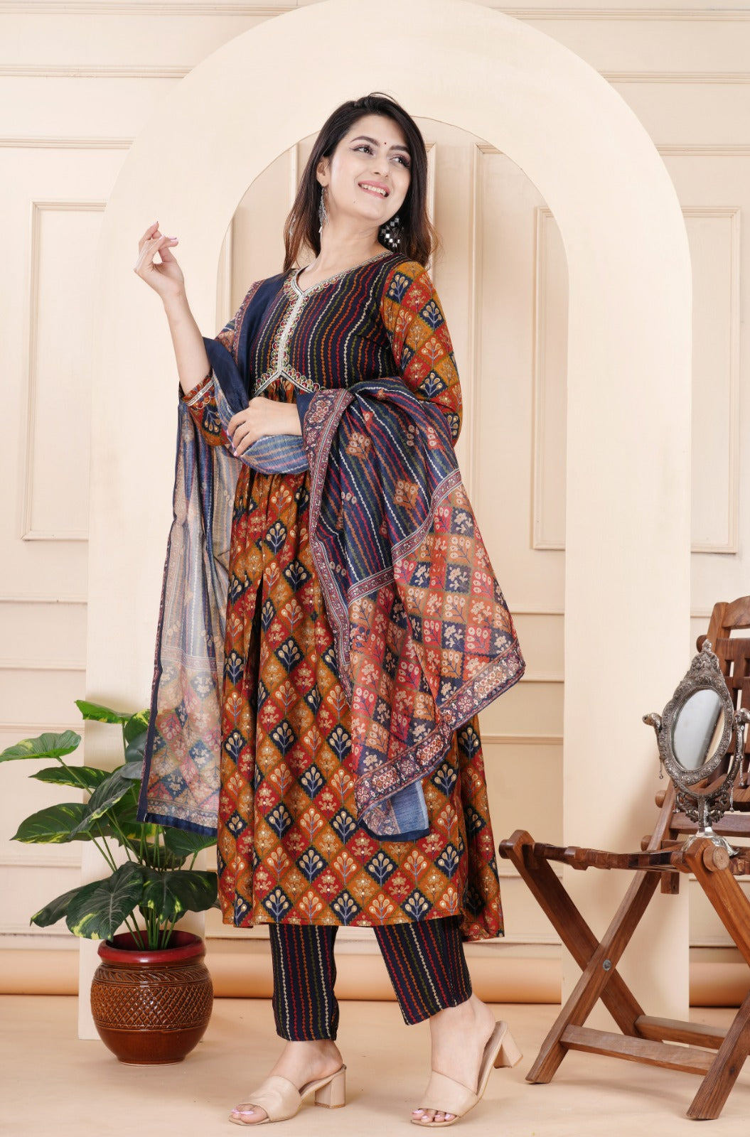 Maabetii Multicolor Jaipuri Designer Embroider Alia Cut Muslin Suit Set