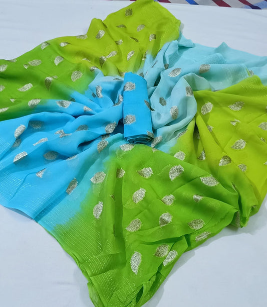 Maabetii Multicolor Leaf Design Zari Work Pure Georgette Saree