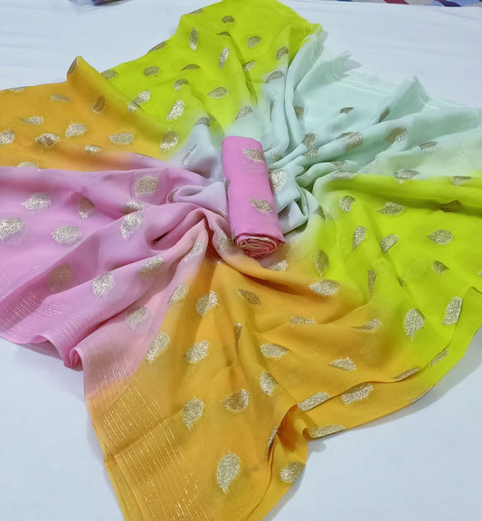 Maabetii Multicolor Leaf Design Zari Work Pure Georgette Saree