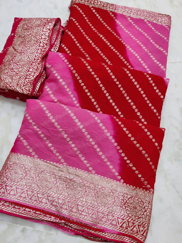Maabetii Multicolor Leheriya Zari Work Pure Georgette Saree