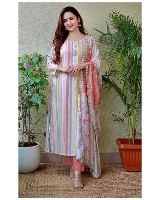 MaaBetii Multicolor Muslin Silk A Line Kurta with Matching Pant and Duppatta Suit Set