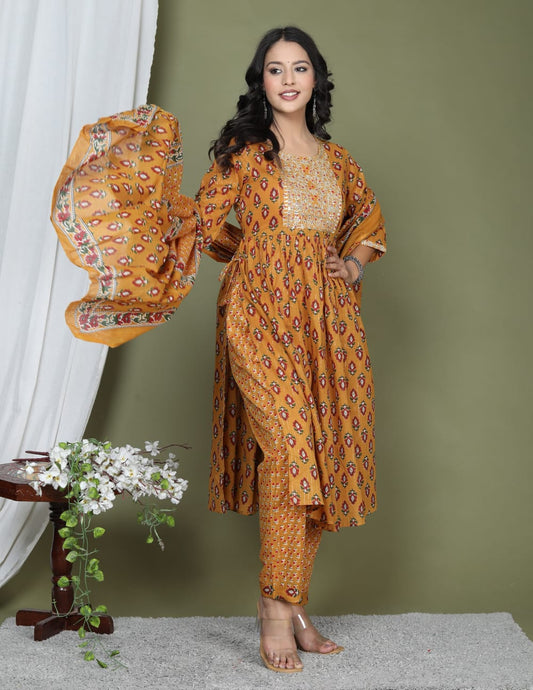 Maabetii Mustard Yellow Embroider Naira Cut Cotton Suit Set