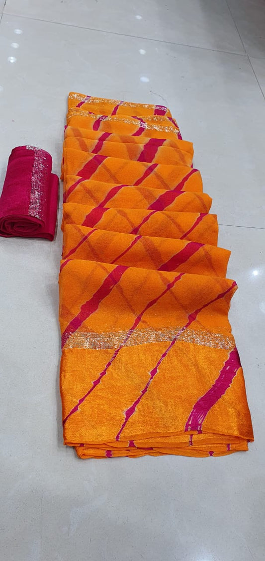 Maabetii  Georgette Lheriya Saree with Contrast Blouse