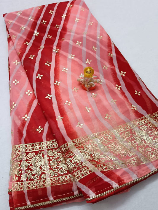 Maabetii Peach Georgette Lheriya Saree with Gota Work