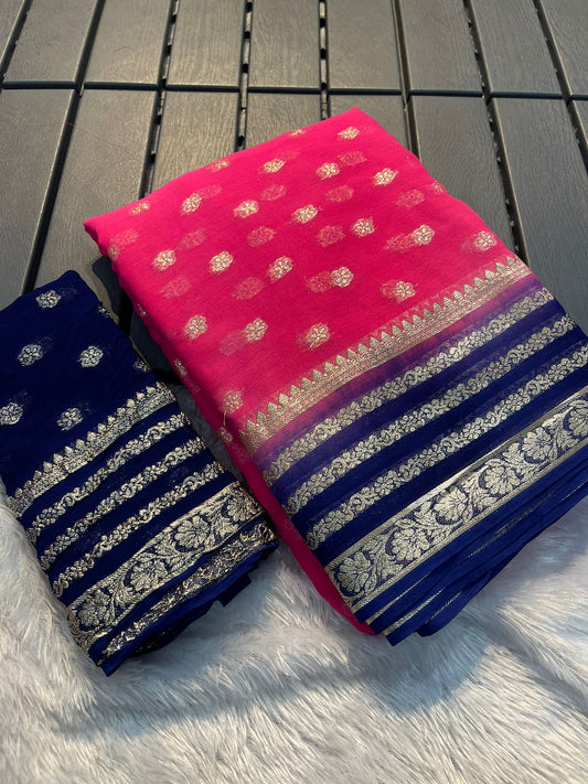 Maabetii Pink and Blue Zari Work Pure Georgette Saree