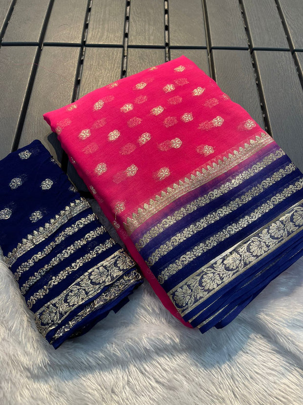 Maabetii Pink and Blue Zari Work Pure Georgette Saree