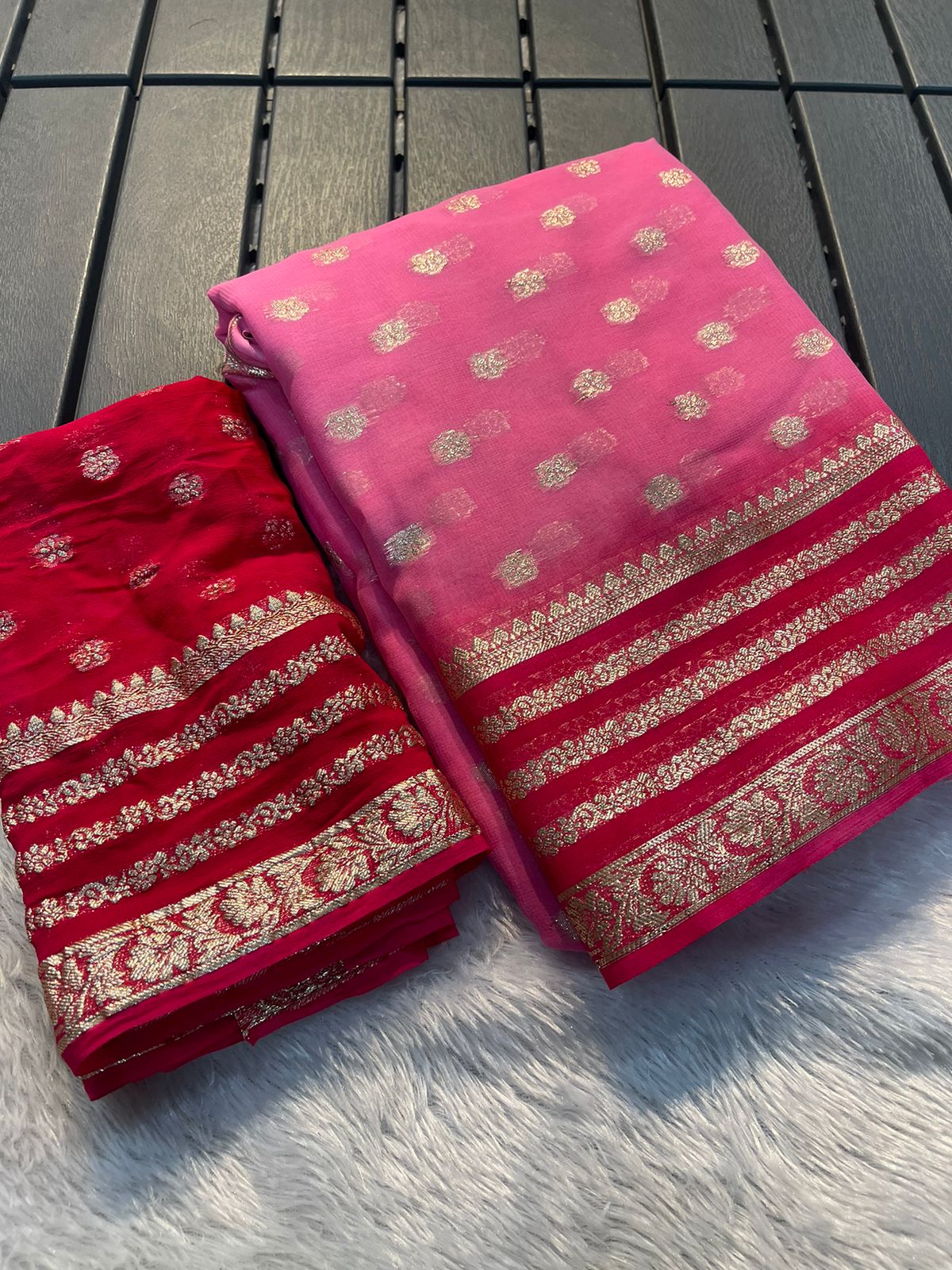 Maabetii Pink and Red Zari Work Pure Georgette Saree