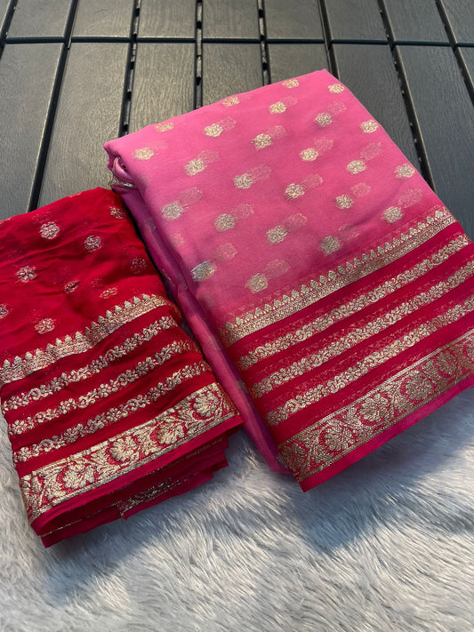 Maabetii Pink and Red Zari Work Pure Georgette Saree