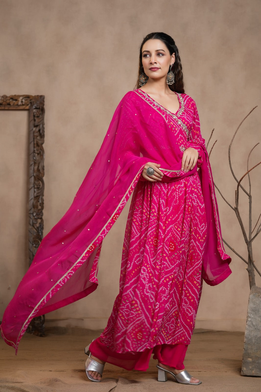 Maabetii Pink Chinon Angarkha Bandhani Suit Set