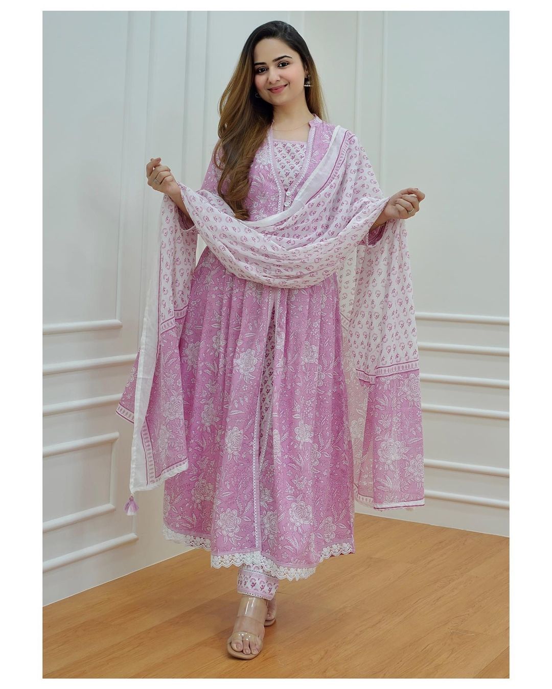 MaaBetii Pink Cotton A Line Suit Set with Matching Pant and Dupatta