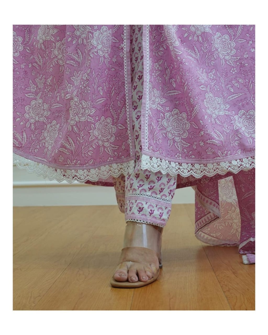 MaaBetii Pink Cotton A Line Suit Set with Matching Pant and Dupatta