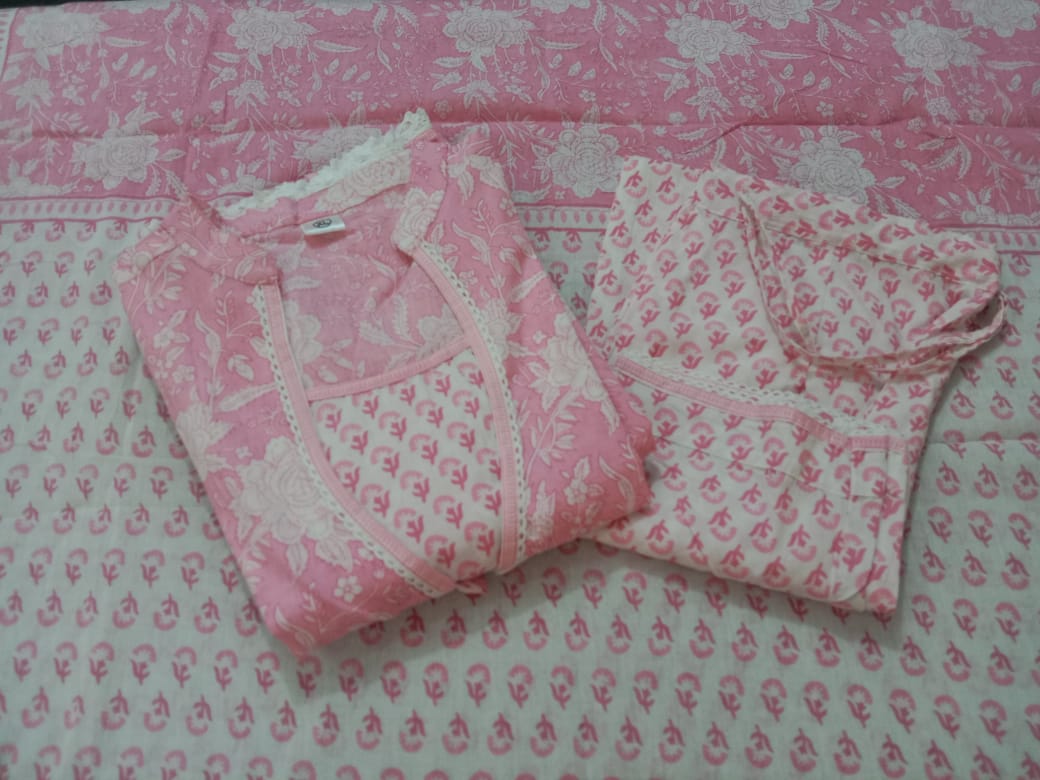 MaaBetii Pink Cotton A Line Suit Set with Matching Pant and Dupatta