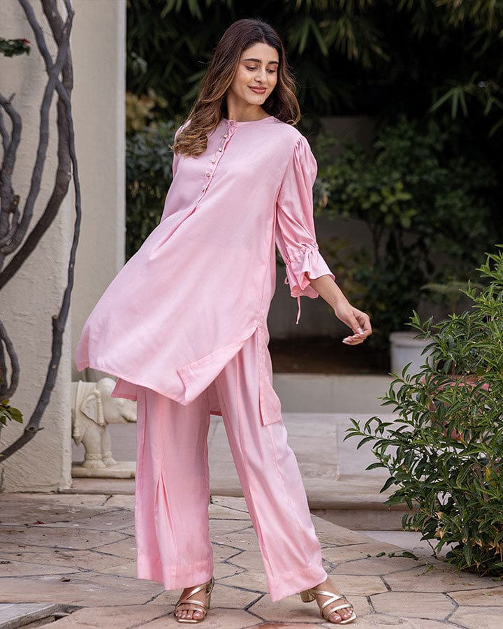 Maabetii Pink Designer Sleeves Kurti Plazo Rayon Coord Set