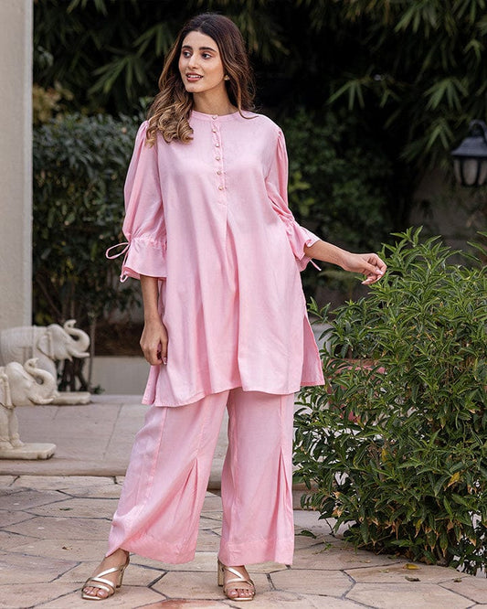 Maabetii Pink Designer Sleeves Kurti Plazo Rayon Coord Set