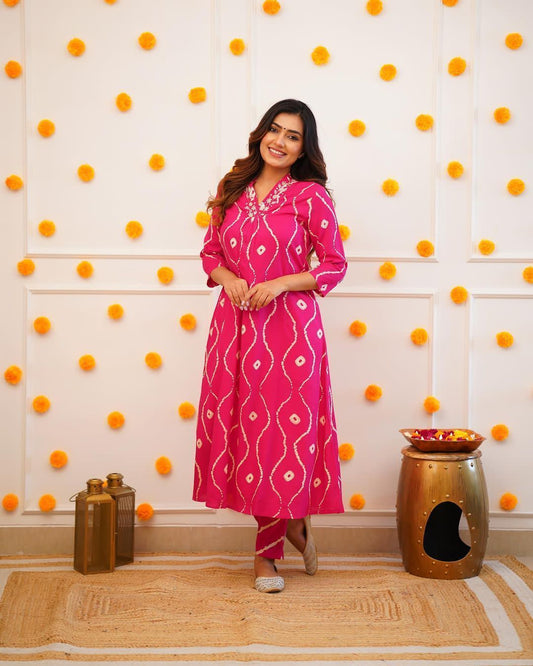 Maabetii Pink Detailed Handwork Rayon Kurta Pant Set