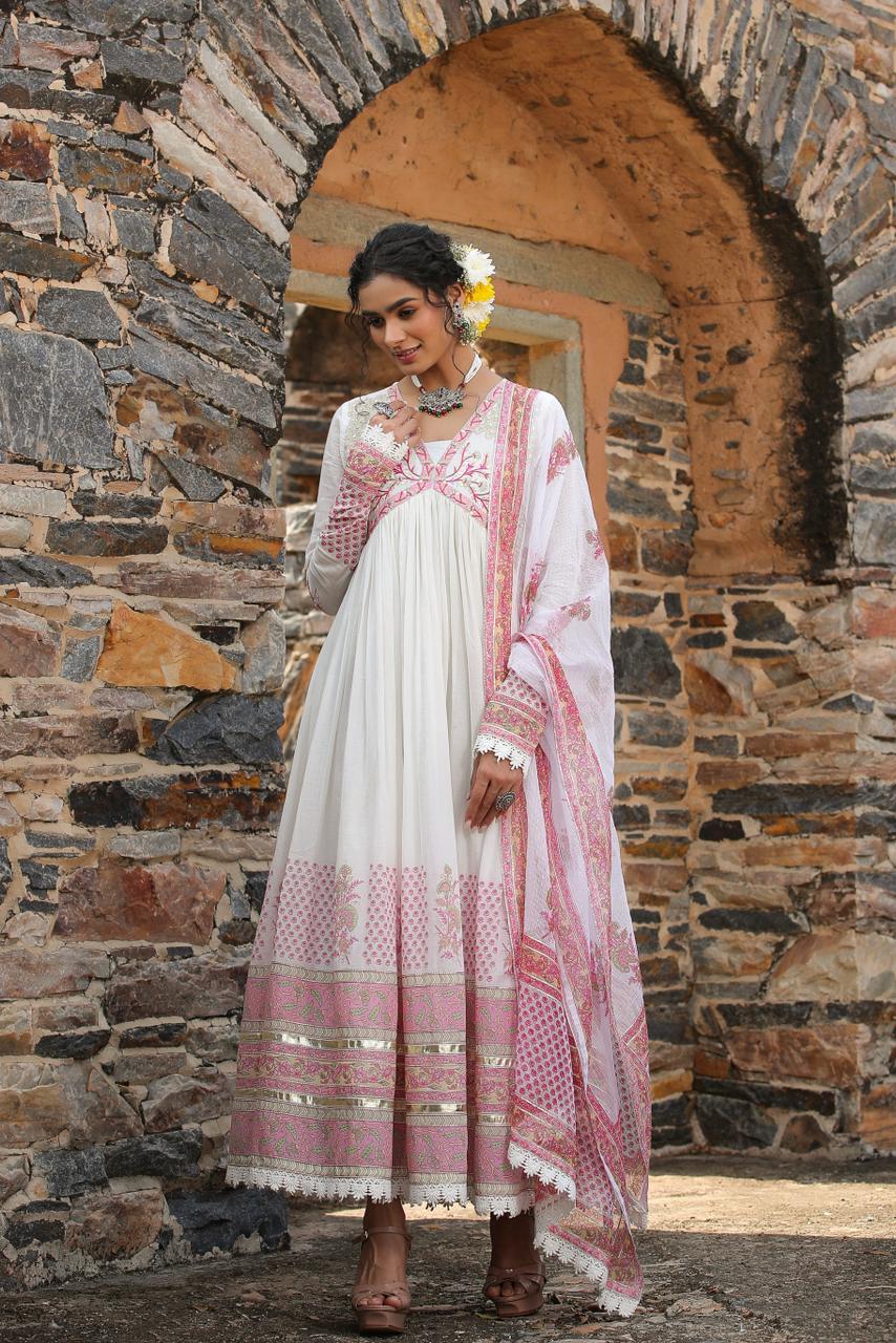 Maabetii Pink Digital Print Embroider Cotton Alia Cut Anarkali Suit Set