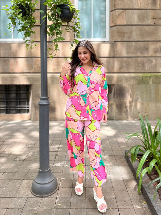 Maabetii Pink Digital Printed Muslin Shirt Pant Coord Set