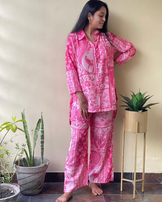 Maabetii Pink Digital Printed Muslin Shirt Pant Coord Set