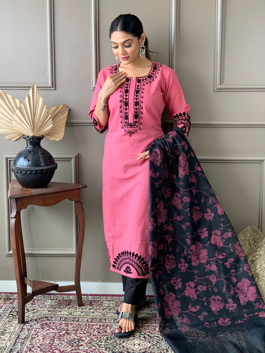 Maabetii Pink Embroider Cotton Handloom Straight Suit Set