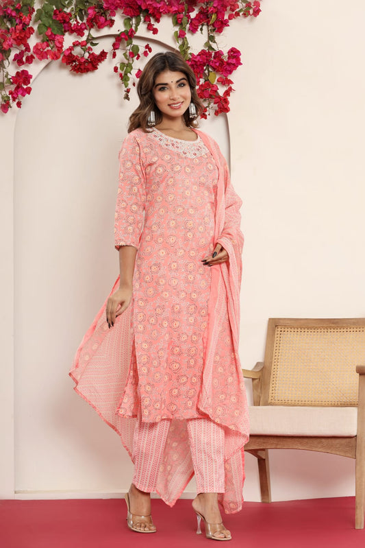 Maabetii Pink Embroider Pure Cotton Straight Suit Set