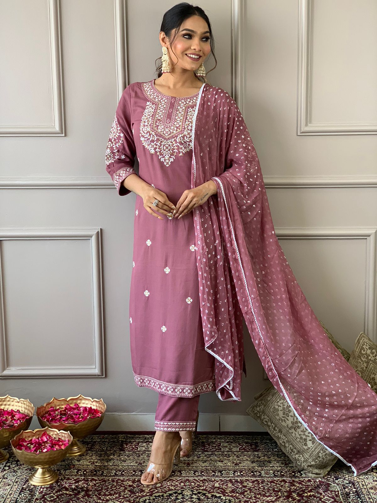 Maabetii Pink Embroider Rayon Straight Suit Set