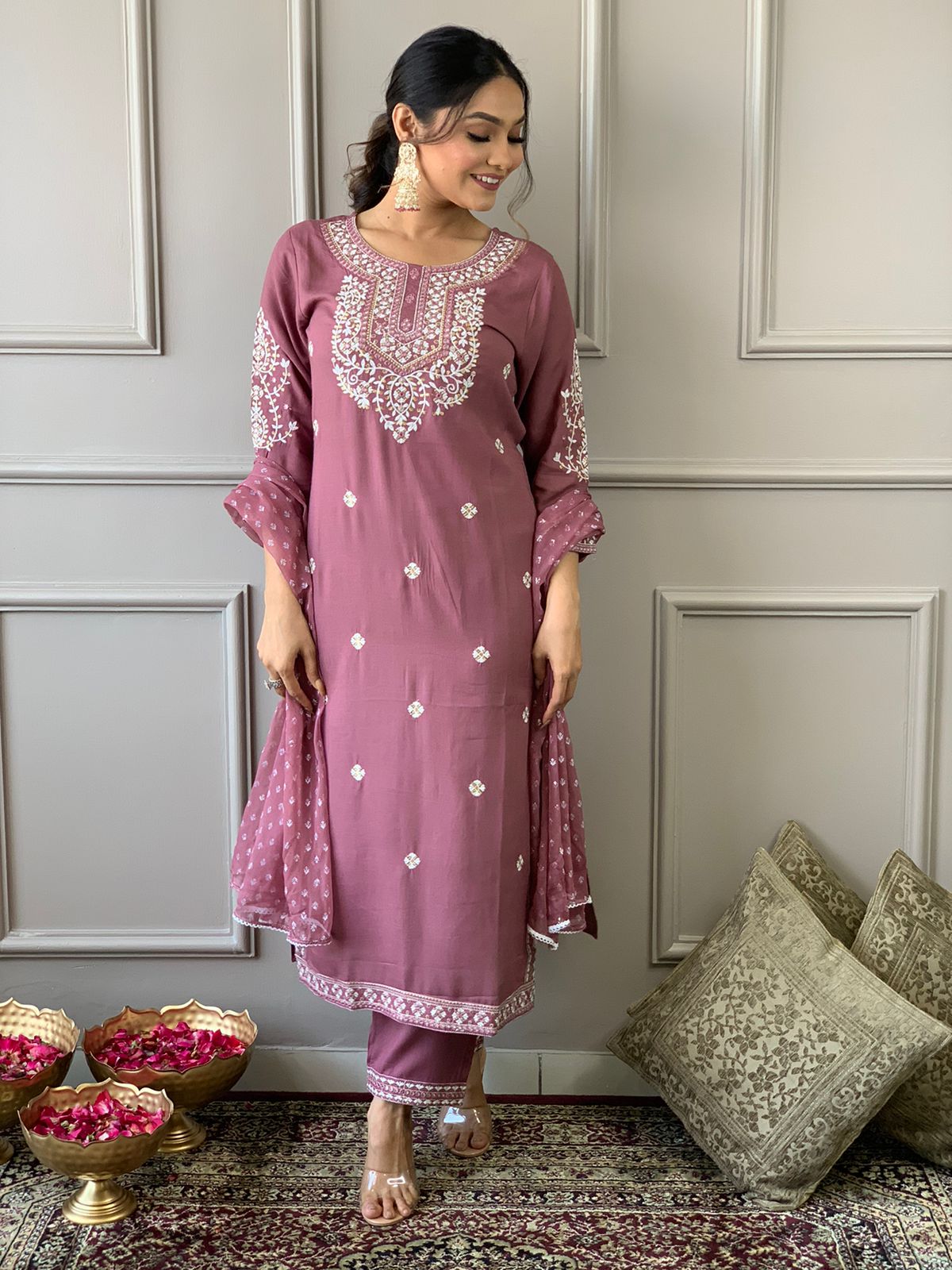 Maabetii Pink Embroider Rayon Straight Suit Set