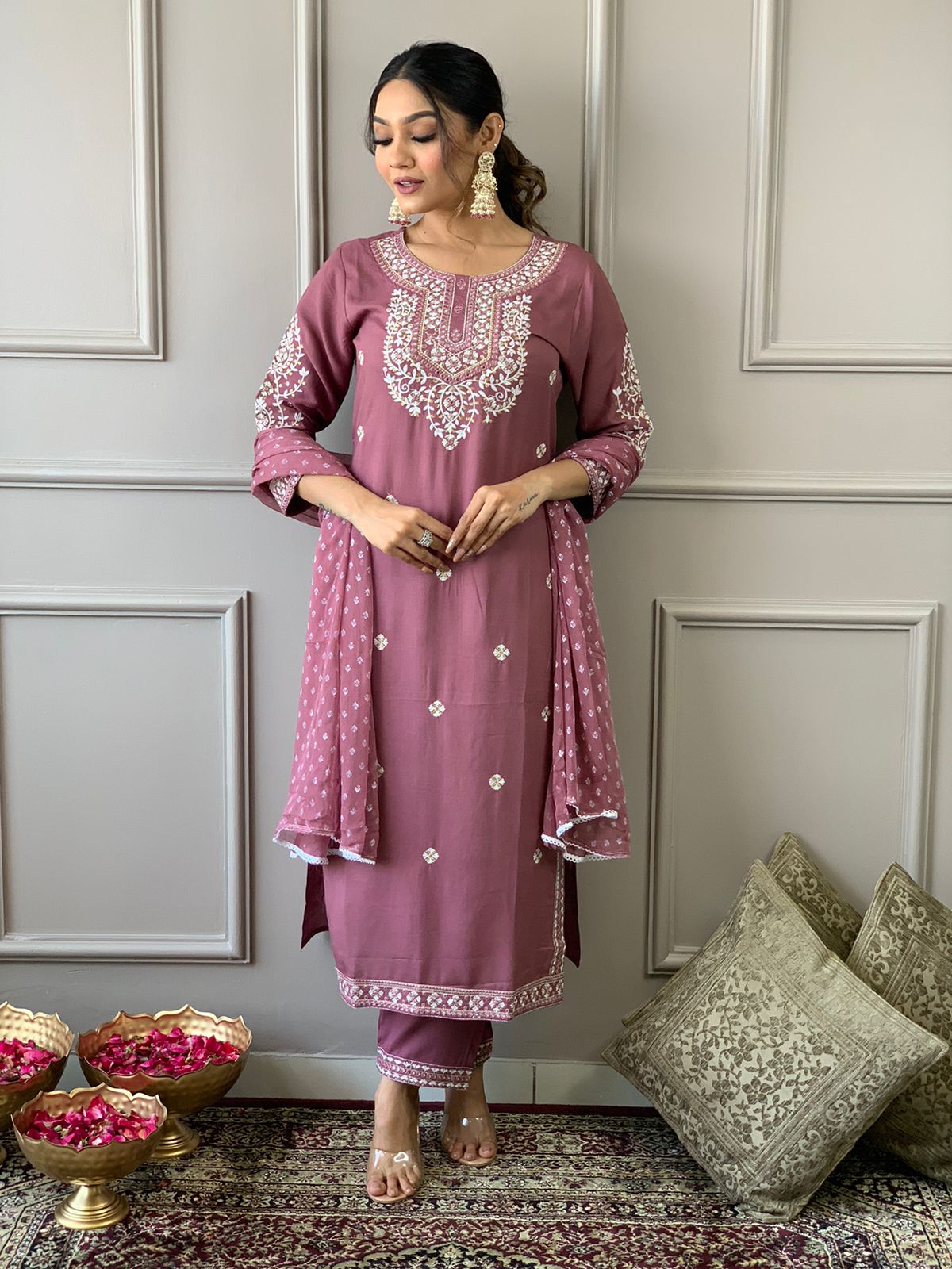 Maabetii Pink Embroider Rayon Straight Suit Set