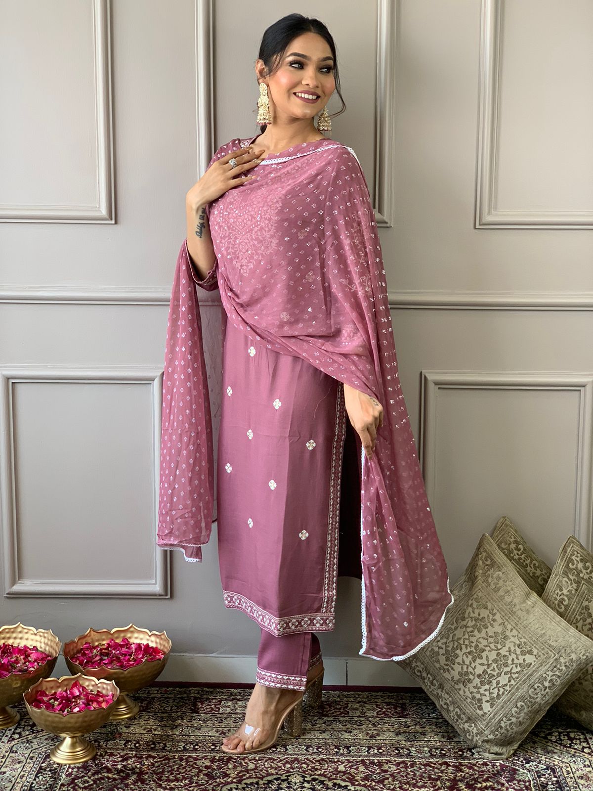 Maabetii Pink Embroider Rayon Straight Suit Set