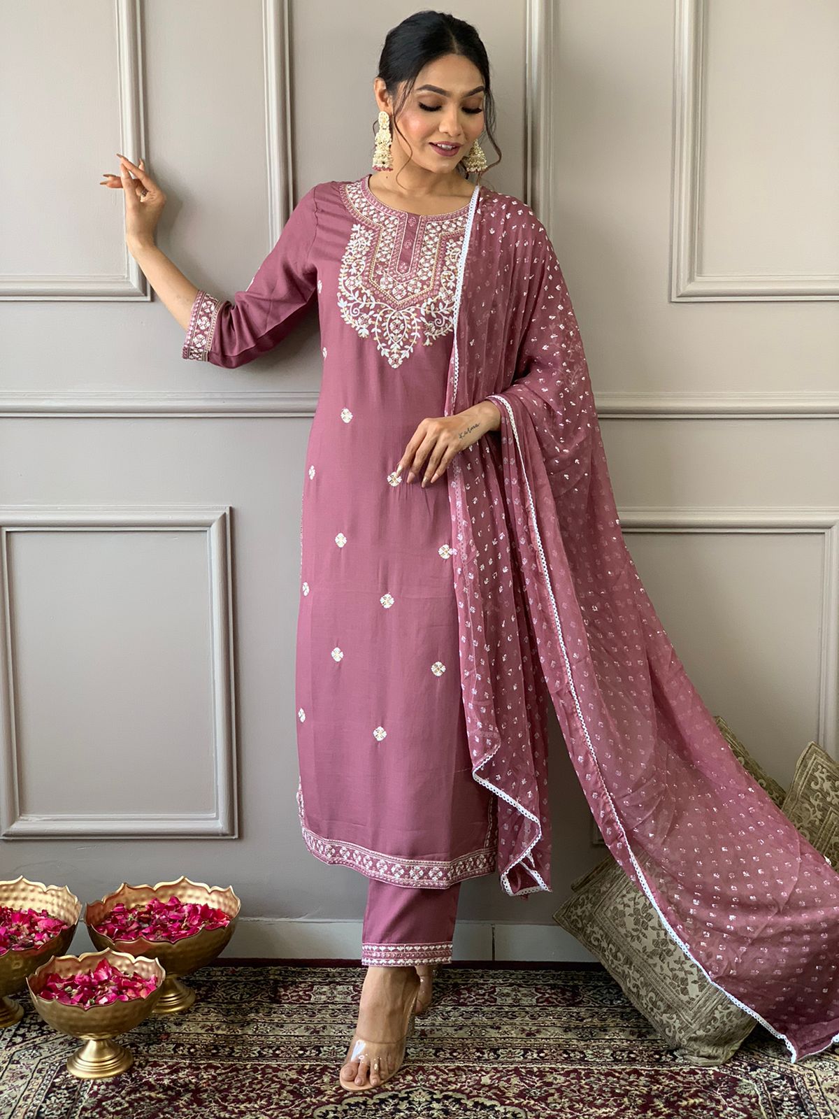 Maabetii Pink Embroider Rayon Straight Suit Set