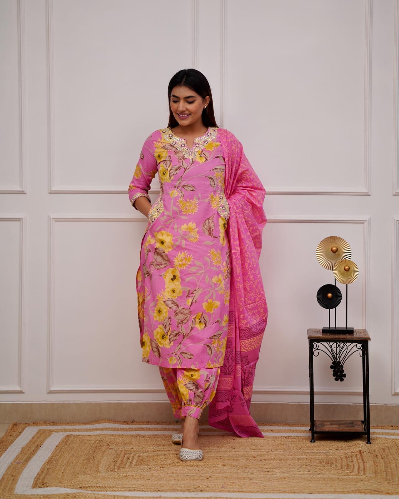 Maabetii Pink Floral Embroider Cotton Afghani Suit Set