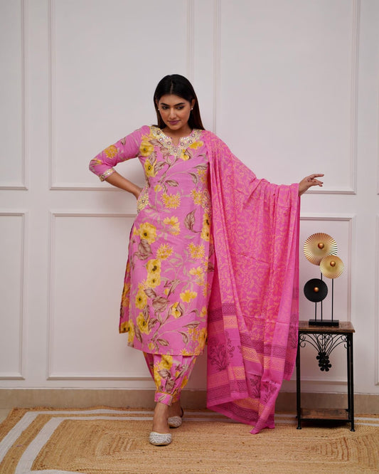 Maabetii Pink Floral Embroider Cotton Afghani Suit Set