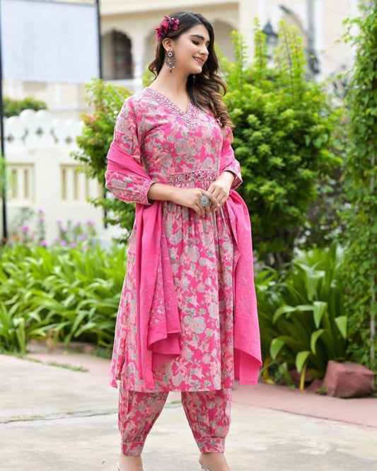 Maabetii Pink Floral Embroider Cotton Naira Cut Afghani Suit Set