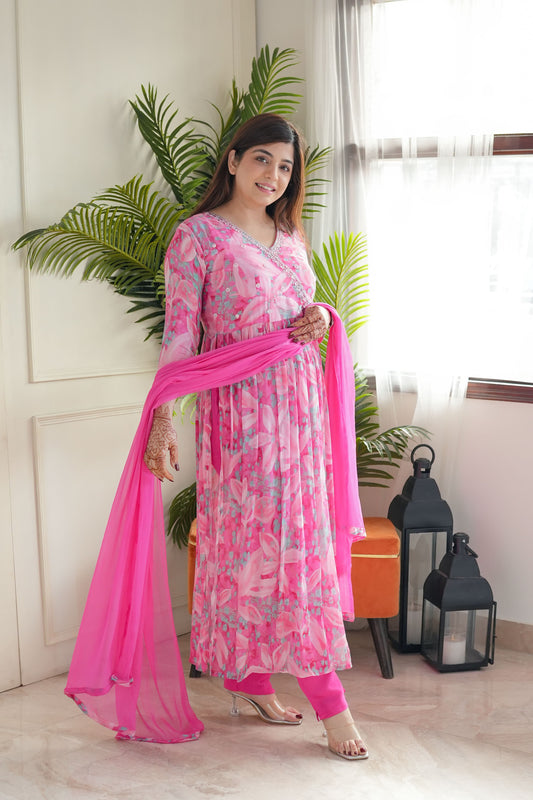 Maabetii Pink Floral Embroider with Mirror Work Chinnon Angarkha Suit Set