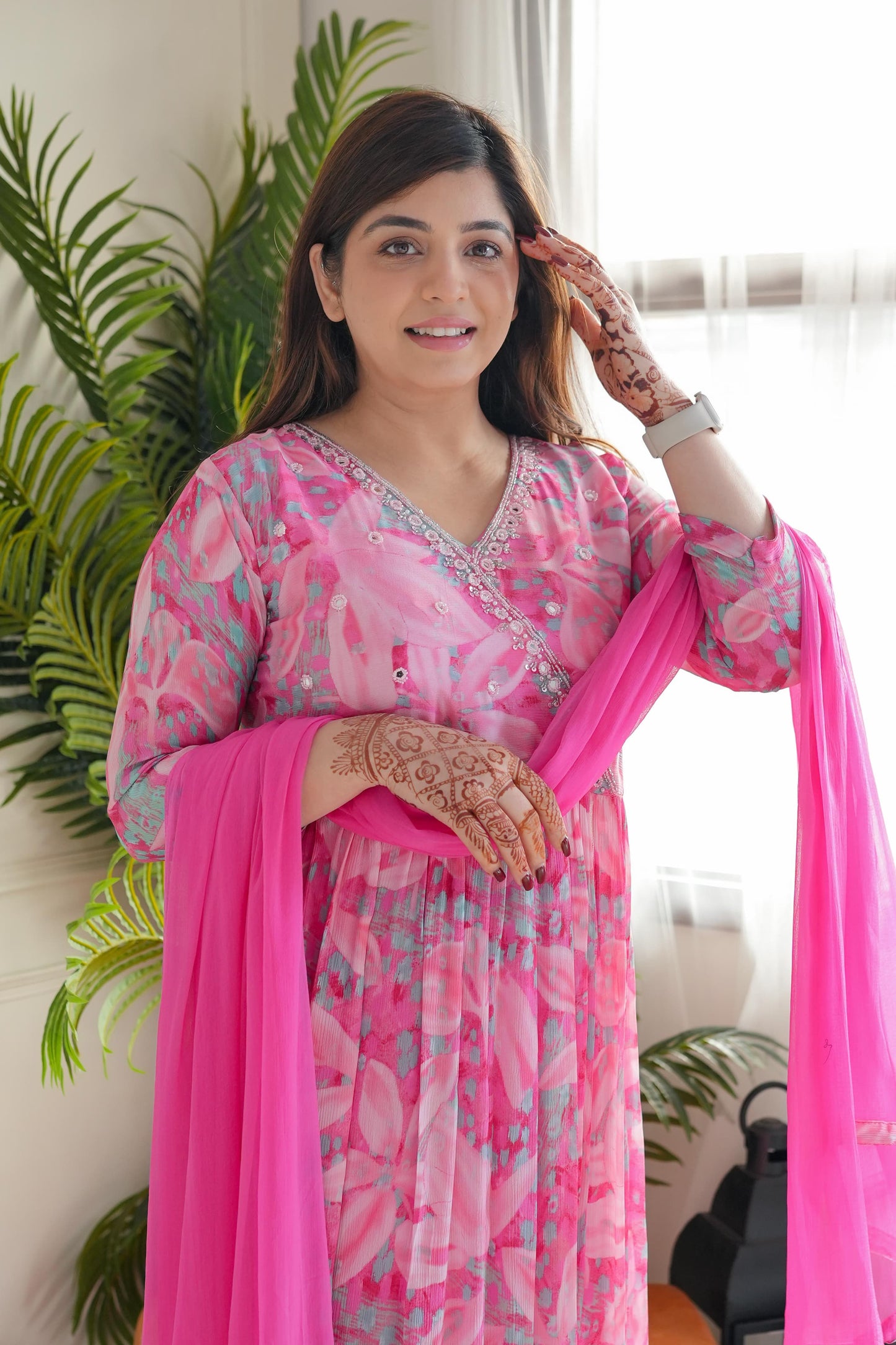 Maabetii Pink Floral Embroider with Mirror Work Chinnon Angarkha Suit Set